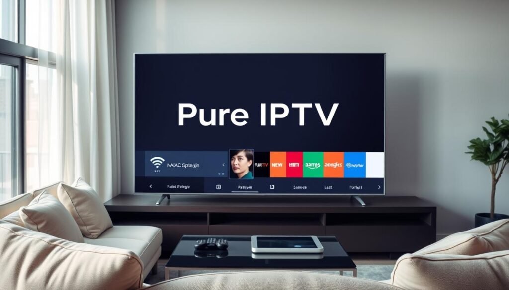 A modern living room setting, featuring a sleek Samsung or LG Smart TV displaying the "Pure IPTV" application interface. In the foreground, the TV screen prominently shows the MAC address in a minimalist and stylish font. A comfortable sofa with elegant cushions sits nearby, enhancing the inviting atmosphere of the room. In the middle, a coffee table holds a few remote controls and a tablet, suggesting an interactive viewing experience. The background shows soft, diffused natural light streaming through large windows, creating a warm and welcoming ambiance. The overall mood is sophisticated yet relaxed, ideal for a tech-savvy audience interested in the installation of IPTV applications. Focus on clarity and detail, emphasizing the technology's seamless integration into modern home decor. A modern living room setting, featuring a sleek Samsung or LG Smart TV displaying the "Pure IPTV" application interface. In the foreground, the TV screen prominently shows the MAC address in a minimalist and stylish font. A comfortable sofa with elegant cushions sits nearby, enhancing the inviting atmosphere of the room. In the middle, a coffee table holds a few remote controls and a tablet, suggesting an interactive viewing experience. The background shows soft, diffused natural light streaming through large windows, creating a warm and welcoming ambiance. The overall mood is sophisticated yet relaxed, ideal for a tech-savvy audience interested in the installation of IPTV applications. Focus on clarity and detail, emphasizing the technology's seamless integration into modern home decor.