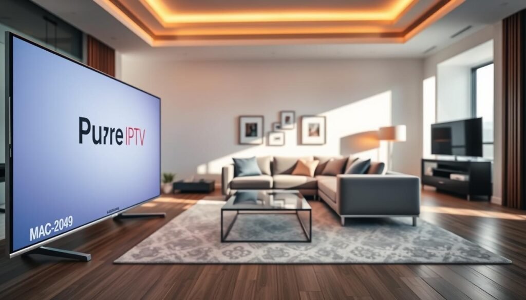 A modern living room setup featuring Samsung and LG Smart TVs displaying the "Pure IPTV" logo prominently. In the foreground, showcase a detailed close-up of the television screen with a visible MAC address, emphasizing the technology aspect. The middle ground captures a spacious, sleek living room with minimalist furniture - a plush sofa and a glass coffee table. Warm, inviting lighting creates a cozy atmosphere, with soft shadows falling from the windows. In the background, subtle wall decor enhances the contemporary feel without distraction. Position the camera at eye level to provide a realistic perspective, inviting the viewer into this stylish space. The overall mood is professional yet comfortable, reflecting the technology and functionality of Smart IPTV. A modern living room setup featuring Samsung and LG Smart TVs displaying the "Pure IPTV" logo prominently. In the foreground, showcase a detailed close-up of the television screen with a visible MAC address, emphasizing the technology aspect. The middle ground captures a spacious, sleek living room with minimalist furniture - a plush sofa and a glass coffee table. Warm, inviting lighting creates a cozy atmosphere, with soft shadows falling from the windows. In the background, subtle wall decor enhances the contemporary feel without distraction. Position the camera at eye level to provide a realistic perspective, inviting the viewer into this stylish space. The overall mood is professional yet comfortable, reflecting the technology and functionality of Smart IPTV.