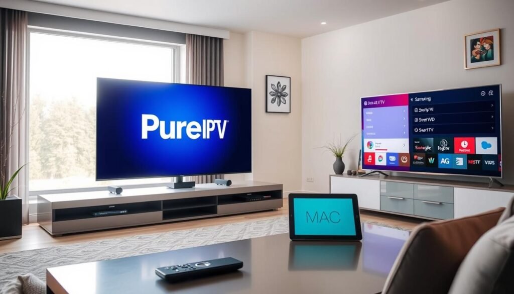 A modern living room with a sleek, minimalist design, featuring a large Samsung Smart TV displaying the logo of "Pure IPTV" prominently on the screen. To the side, a LG Smart TV is also visible, showcasing a menu interface with a highlighted MAC address. The atmosphere is bright and inviting, illuminated by soft, diffused natural light coming through a large window. In the foreground, a stylish coffee table holds a remote control and a tablet, suggesting a user-friendly setup. The background features neutral-colored walls adorned with subtle artwork, enhancing the contemporary feel of the space. The image should evoke a sense of comfort and sophistication, ideal for article illustration on IPTV setup and configuration. A modern living room with a sleek, minimalist design, featuring a large Samsung Smart TV displaying the logo of "Pure IPTV" prominently on the screen. To the side, a LG Smart TV is also visible, showcasing a menu interface with a highlighted MAC address. The atmosphere is bright and inviting, illuminated by soft, diffused natural light coming through a large window. In the foreground, a stylish coffee table holds a remote control and a tablet, suggesting a user-friendly setup. The background features neutral-colored walls adorned with subtle artwork, enhancing the contemporary feel of the space. The image should evoke a sense of comfort and sophistication, ideal for article illustration on IPTV setup and configuration.