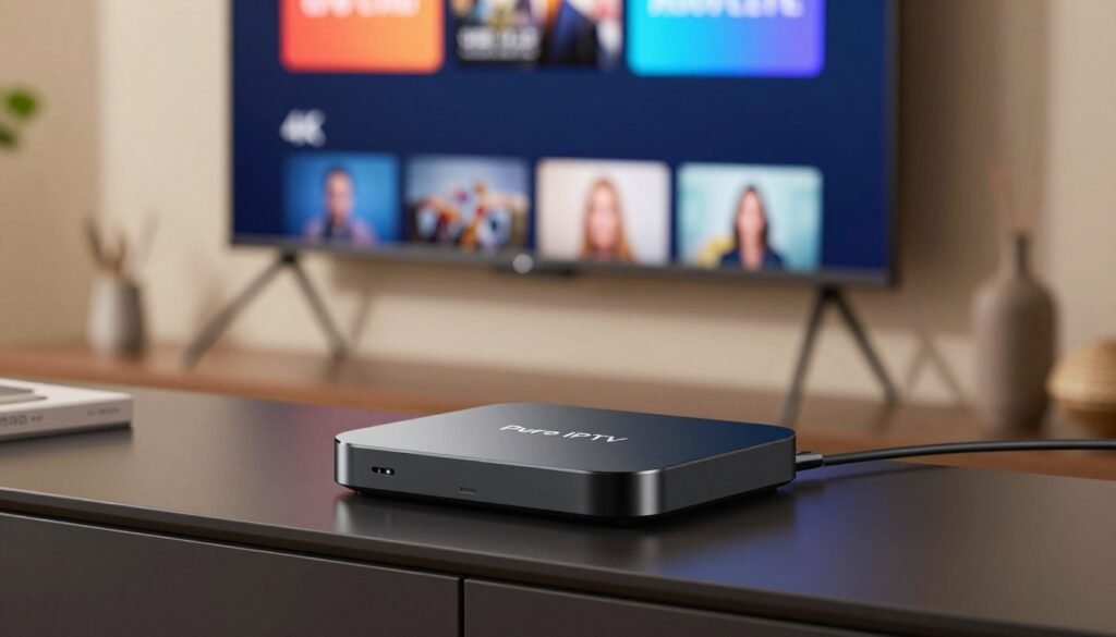 A sleek and compact "Pure IPTV" Android TV box, positioned prominently on a modern TV stand. In the foreground, the box features smooth, rounded edges and a minimalist design, showcasing a glossy black finish. Surrounding the box, a visible Ethernet cable adds a touch of realism. In the middle ground, a stylish flat-screen TV is mounted on the wall, displaying a vibrant 4K interface. The background features a cozy living room setting, with warm ambient lighting that creates an inviting atmosphere. Soft shadows cast across the furniture enhance the depth of the image, while a subtle bokeh effect helps to focus attention on the Android TV box, emphasizing its importance as an essential 4K streaming device for budget-conscious consumers. A sleek and compact "Pure IPTV" Android TV box, positioned prominently on a modern TV stand. In the foreground, the box features smooth, rounded edges and a minimalist design, showcasing a glossy black finish. Surrounding the box, a visible Ethernet cable adds a touch of realism. In the middle ground, a stylish flat-screen TV is mounted on the wall, displaying a vibrant 4K interface. The background features a cozy living room setting, with warm ambient lighting that creates an inviting atmosphere. Soft shadows cast across the furniture enhance the depth of the image, while a subtle bokeh effect helps to focus attention on the Android TV box, emphasizing its importance as an essential 4K streaming device for budget-conscious consumers.