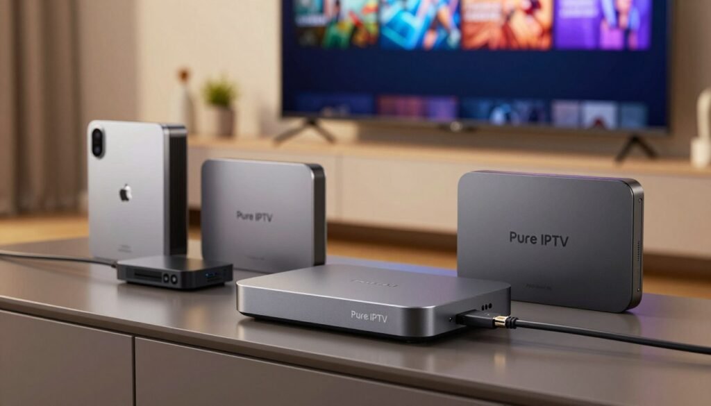 A sleek, modern “Pure IPTV” Android box positioned prominently on a stylish TV stand, showcasing its premium design with smooth edges and a matte finish. Surrounding it, a few other high-end Android boxes, all aligned neatly to emphasize a comparison of advanced technology. The foreground features a visible Ethernet cable for connection, highlighting its functionality. In the background, a subtly lit living room setting with a large, high-definition TV displaying vibrant 4K content, casting soft reflections on the polished surface of the TV stand. The atmosphere is contemporary and tech-savvy, illuminated by warm overhead lighting that enhances the image's inviting feel. The composition should evoke a sense of quality and innovation, ideal for showcasing the power and versatility of premium Android boxes. A sleek, modern “Pure IPTV” Android box positioned prominently on a stylish TV stand, showcasing its premium design with smooth edges and a matte finish. Surrounding it, a few other high-end Android boxes, all aligned neatly to emphasize a comparison of advanced technology. The foreground features a visible Ethernet cable for connection, highlighting its functionality. In the background, a subtly lit living room setting with a large, high-definition TV displaying vibrant 4K content, casting soft reflections on the polished surface of the TV stand. The atmosphere is contemporary and tech-savvy, illuminated by warm overhead lighting that enhances the image's inviting feel. The composition should evoke a sense of quality and innovation, ideal for showcasing the power and versatility of premium Android boxes.