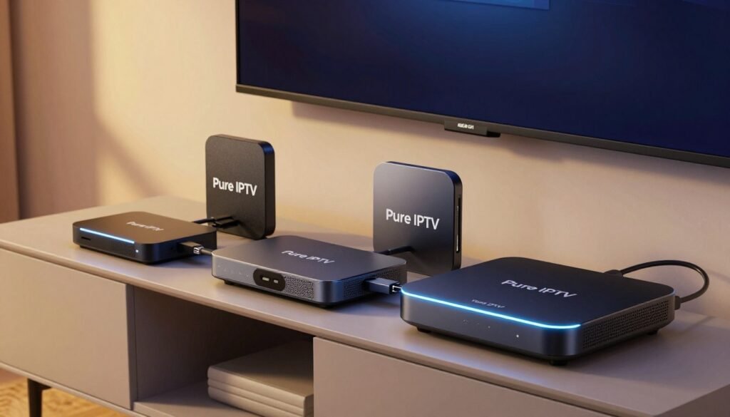 An array of modern IPTV boxes, prominently featuring the brand name "Pure IPTV," displayed neatly on a stylish TV stand. In the foreground, focus on the sleek design of the boxes, showcasing their futuristic aesthetics and illuminating LED lights. The middle ground captures a visible Ethernet cable connected to one of the devices, emphasizing their connectivity features. The background displays a cozy living room setting with a large flat-screen TV mounted on the wall and a soft-lit ambiance created by warm yellow lighting, casting gentle shadows. The atmosphere is inviting and tech-savvy, illustrating the key technical criteria for IPTV devices in 2026. The angle of the shot is slightly elevated, providing a comprehensive view of the setup without any distractions like text or watermarks. An array of modern IPTV boxes, prominently featuring the brand name "Pure IPTV," displayed neatly on a stylish TV stand. In the foreground, focus on the sleek design of the boxes, showcasing their futuristic aesthetics and illuminating LED lights. The middle ground captures a visible Ethernet cable connected to one of the devices, emphasizing their connectivity features. The background displays a cozy living room setting with a large flat-screen TV mounted on the wall and a soft-lit ambiance created by warm yellow lighting, casting gentle shadows. The atmosphere is inviting and tech-savvy, illustrating the key technical criteria for IPTV devices in 2026. The angle of the shot is slightly elevated, providing a comprehensive view of the setup without any distractions like text or watermarks.